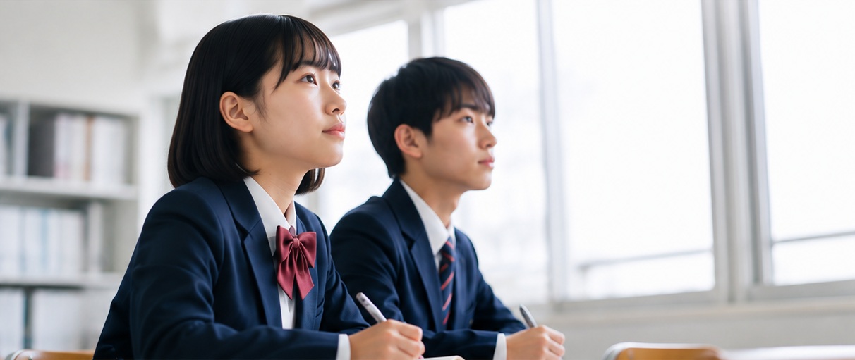 教室で前を見つめながら学ぶ中高生