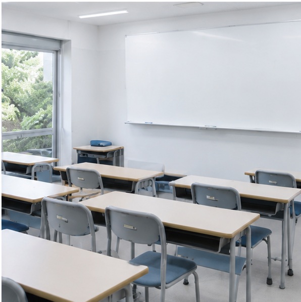 机と椅子が整然と並ぶ明るい教室