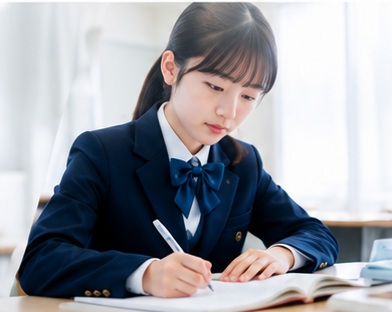 ノートに書き込みながら学習する女子生徒